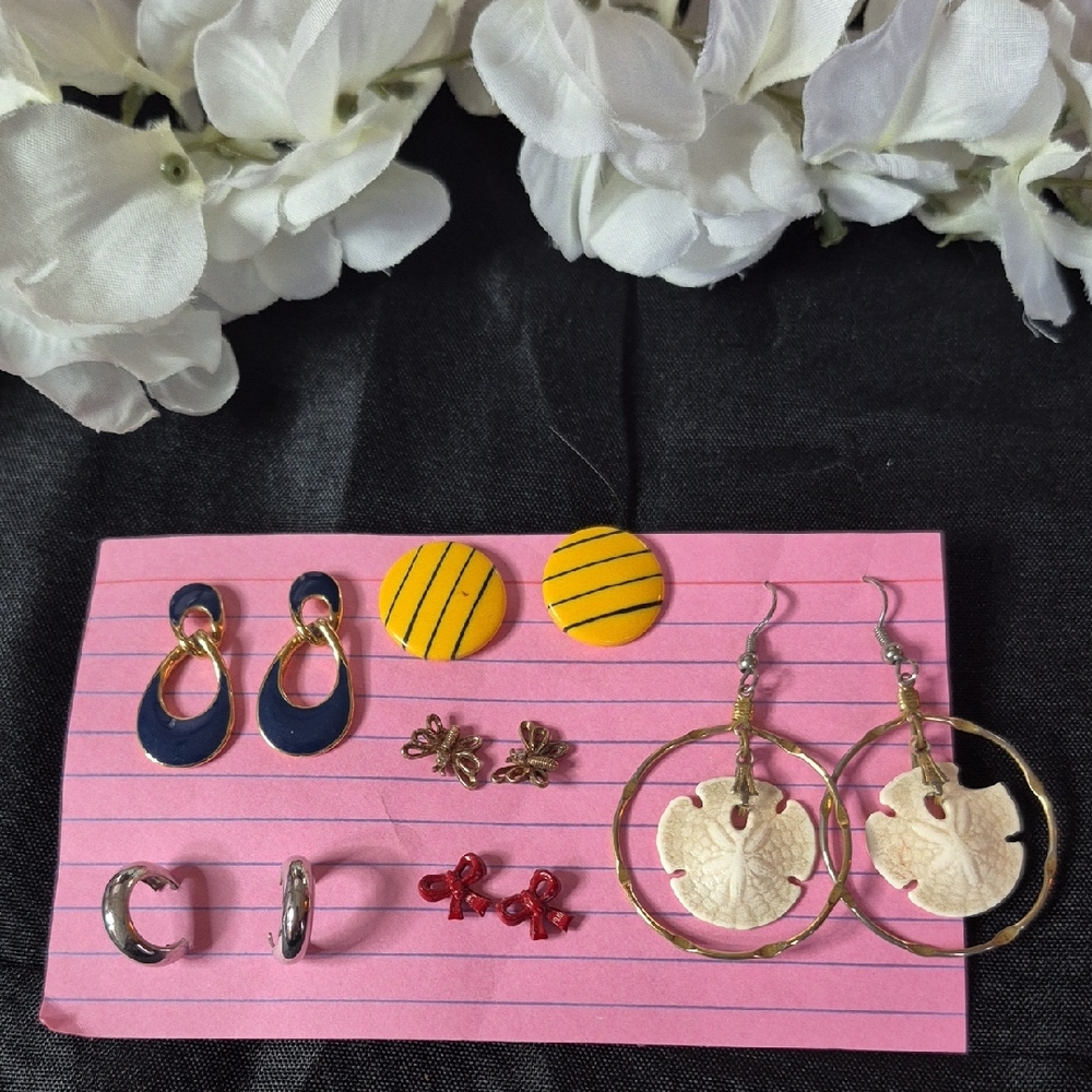 Vintage Assorted Women's Earring Set - Navy, Yellow, Cream, Red, Silver